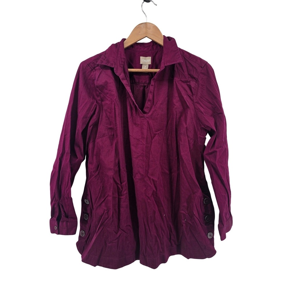 Chicos Tunic Blouse Womens 3 Plum Purple V-Neck Side Button Stretch Cotton Top